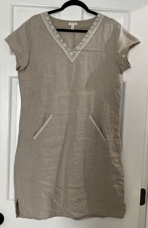 Garnet Hill Dresses & Skirts - Garnet Hill Linen Embroidered Dress 10 Natural Tan Pockets Minimalist Earthy